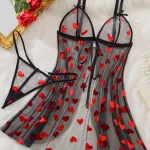Siyah Fantezi Seksi Kalp Baskılı Desenli Transparan Tül Babydoll Gecelik TM1378