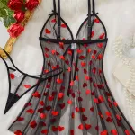 Siyah Fantezi Seksi Kalp Baskılı Desenli Transparan Tül Babydoll Gecelik TM1378