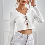 Kadın Beyaz Dekolteli Uzun Kollu Crop Top Bluz IM-5070