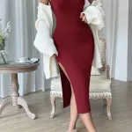 Bordo Fantezi Seksi Yırtmaçlı Uzun Elbise IM-02127