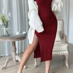 Bordo Fantezi Seksi Yırtmaçlı Uzun Elbise IM-02127