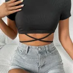 Kadın Siyah Çapraz Bağlamalı Crop Top Bluz IM-0601
