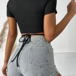 Kadın Siyah Çapraz Bağlamalı Crop Top Bluz IM-0601