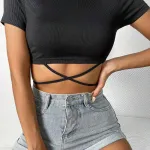Kadın Siyah Çapraz Bağlamalı Crop Top Bluz IM-0601