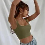 Yeşil Kalın Askılı Havuz Yaka Crop Top Bluz IM-3708