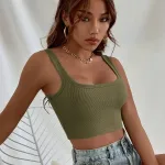 Yeşil Kalın Askılı Havuz Yaka Crop Top Bluz IM-3708