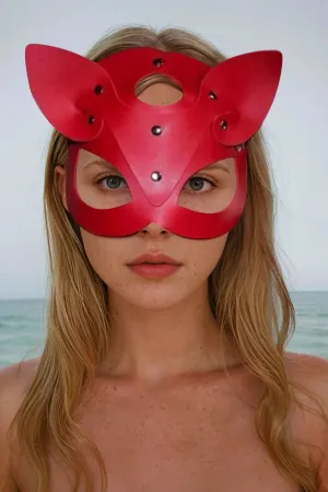 Kırmızı Fantezi Seksi Deri Kedi Kız Maske PMKMASK-K
