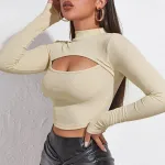 Ekru Şık Uzun Kollu Yarım Balıkçı Yaka Göğüs Dekolteli Kaşkorse Cut Out Crop Bluz IM-5048