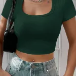 Kadın Yeşil Kare Yaka Kısa Kol Kaşkorse Crop Bluz Tişört IM-5058