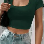Kadın Yeşil Kare Yaka Kısa Kol Kaşkorse Crop Bluz Tişört IM-5058