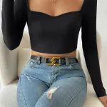 Kadın Siyah Göğüs Dekolteli Crop Top Bluz IM-5037