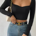 Kadın Siyah Göğüs Dekolteli Crop Top Bluz IM-5037