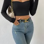 Kadın Siyah Göğüs Dekolteli Crop Top Bluz IM-5037
