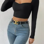 Kadın Siyah Göğüs Dekolteli Crop Top Bluz IM-5037