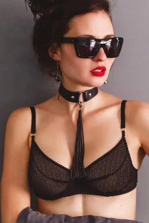 İçgiyimist Siyah Fantezi Seksi Deri Harness Püsküllü Boyun Aksesuarı Choker FH1081