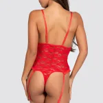 Kırmızı Fantezi Seksi Göğsü ve Özel Bölgesi Açık Dantelli Jartiyerli Bodysuit BC2384