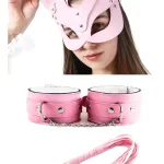 Pembe Fantezi Deri Kelepçe Kırbaç Maske Fetiş Seti BC5368