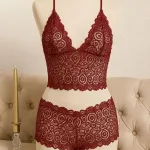 Bordo Fantezi Seksi Transparan Dantel Bralet Sütyen Takımı IM-12158