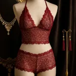 Bordo Fantezi Seksi Transparan Dantel Bralet Sütyen Takımı IM-12158