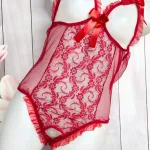 Kırmızı Fantezi Seksi Dantel Detaylı Göğsü ve Özel Bölgesi Açık Bodysuit BC9701