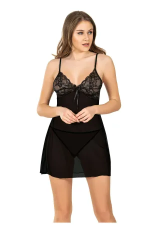 Siyah Transparan Dantelli Tül Babydoll Gecelik Takımı 645