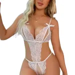 Beyaz Fantezi Seksi Dantelli Göğsü ve Özel Bölgesi Açık Bodysuit BC9248