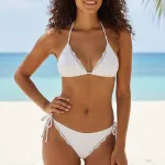 İçgiyimist Beyaz Dantel Detaylı Pedli Bel ve Boyundan Bağlamalı Bikini Takımı