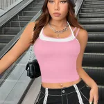 Kadın Pembe Çapraz Askılı Crop Top Bluz IM-5066
