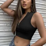 Siyah Fermuarlı Kaşkorse Sıfır Kol Crop Bluz IM-5050