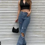 Siyah Fermuarlı Kaşkorse Sıfır Kol Crop Bluz IM-5050