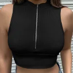Siyah Fermuarlı Kaşkorse Sıfır Kol Crop Bluz IM-5050