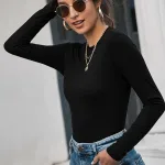Siyah Kaşkorse Bisiklet Yaka Uzun Kollu Crop Bluz IM-5077