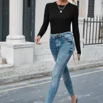 Siyah Kaşkorse Bisiklet Yaka Uzun Kollu Crop Bluz IM-5077
