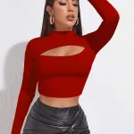 Kadın Kırmızı Göğüs Dekolteli Uzun Kollu Crop Top Bluz IM-5078