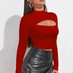 Kadın Kırmızı Göğüs Dekolteli Uzun Kollu Crop Top Bluz IM-5078