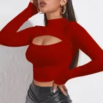 Kadın Kırmızı Göğüs Dekolteli Uzun Kollu Crop Top Bluz IM-5078