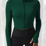Yeşil Şık Başparmak Geçmeli Uzun Kollu Fermuarlı Dik Yaka Sportif Crop Bluz IM-5028