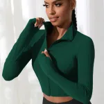 Yeşil Şık Başparmak Geçmeli Uzun Kollu Fermuarlı Dik Yaka Sportif Crop Bluz IM-5028