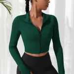 Yeşil Şık Başparmak Geçmeli Uzun Kollu Fermuarlı Dik Yaka Sportif Crop Bluz IM-5028