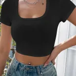 Siyah Kare Yaka Kaşkorse Kısa Kollu Crop Bluz IM-5045