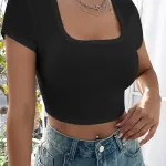 Siyah Kare Yaka Kaşkorse Kısa Kollu Crop Bluz IM-5045