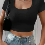 Siyah Kare Yaka Kaşkorse Kısa Kollu Crop Bluz IM-5045