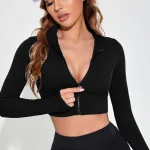 Kadın Siyah Uzun Kol Fermuarlı Crop Top Bluz IM-5027