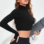 Kadın Siyah Uzun Kol Fermuarlı Crop Top Bluz IM-5027