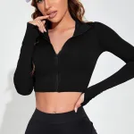 Kadın Siyah Uzun Kol Fermuarlı Crop Top Bluz IM-5027