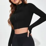 Kadın Siyah Uzun Kol Fermuarlı Crop Top Bluz IM-5027