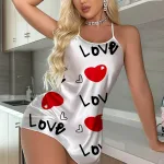 İçgiyimist Love ve Kalp Desenli Beyaz Saten Gecelik TM1326