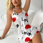 İçgiyimist Love ve Kalp Desenli Beyaz Saten Gecelik TM1326