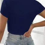 Kadın Lacivert Kare Yaka Kısa Kol Kaşkorse Crop Bluz Tişört IM-5056