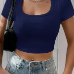 Kadın Lacivert Kare Yaka Kısa Kol Kaşkorse Crop Bluz Tişört IM-5056